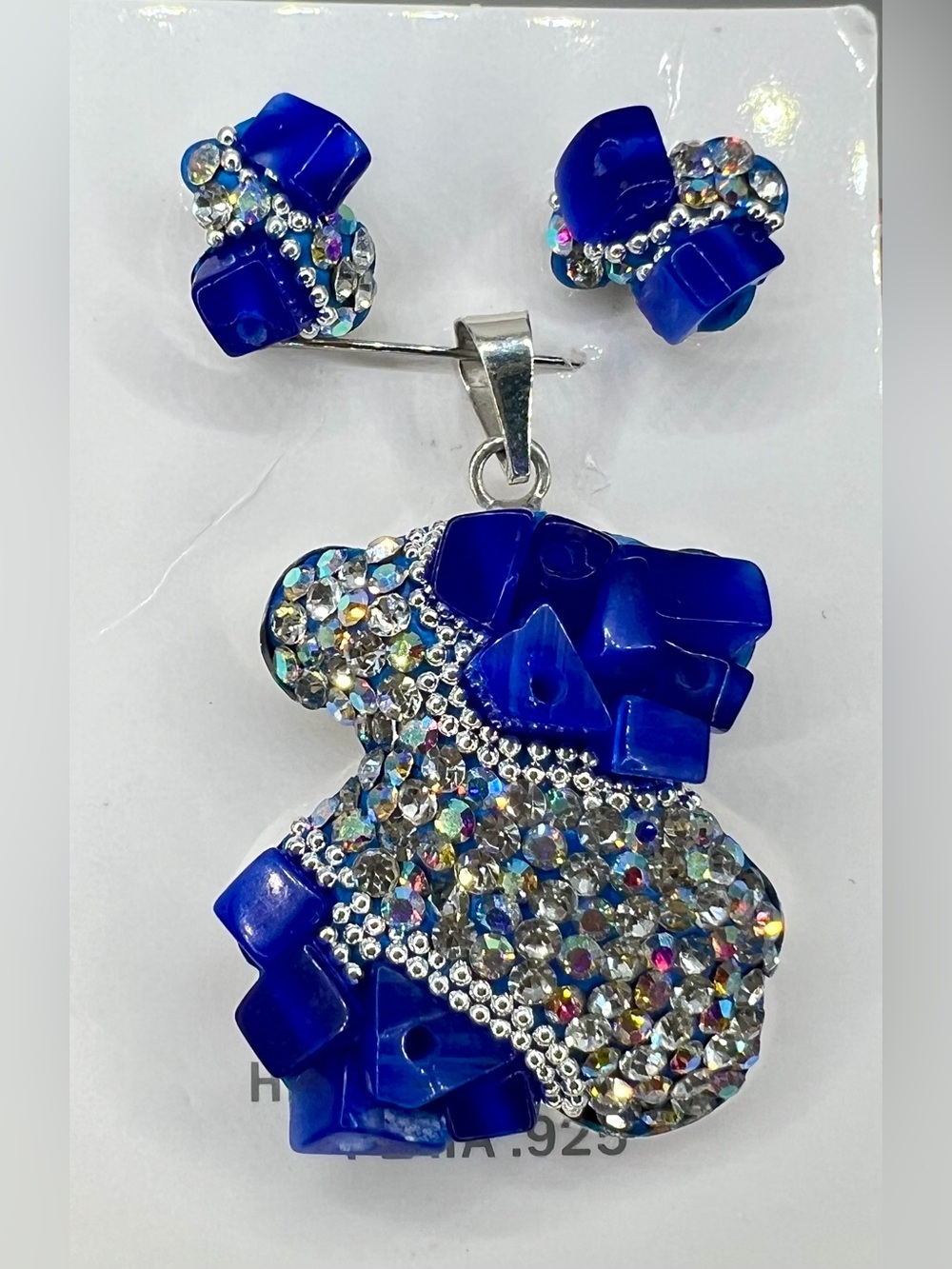 Blue Crystal Pavé Pendant and Stud Earring Set